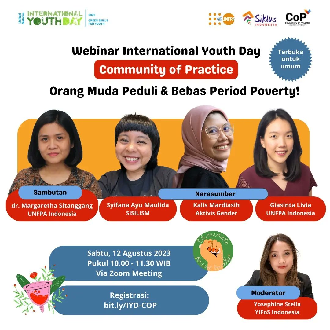 UnalaYouth's tweet photo. Bertepatan dengan International Youth Day 12 Agustus, yuk kita berbincang-bincang tentang bagaimana kita sebagai orang muda menyikapi period poverty, serta mempromosikan green skills untuk orang muda, daftarin dirimu sekarang 👇🏼👇🏼👇🏼
https://t.co/A0R5bB9zm1 https://t.co/CeSiXn2M8G