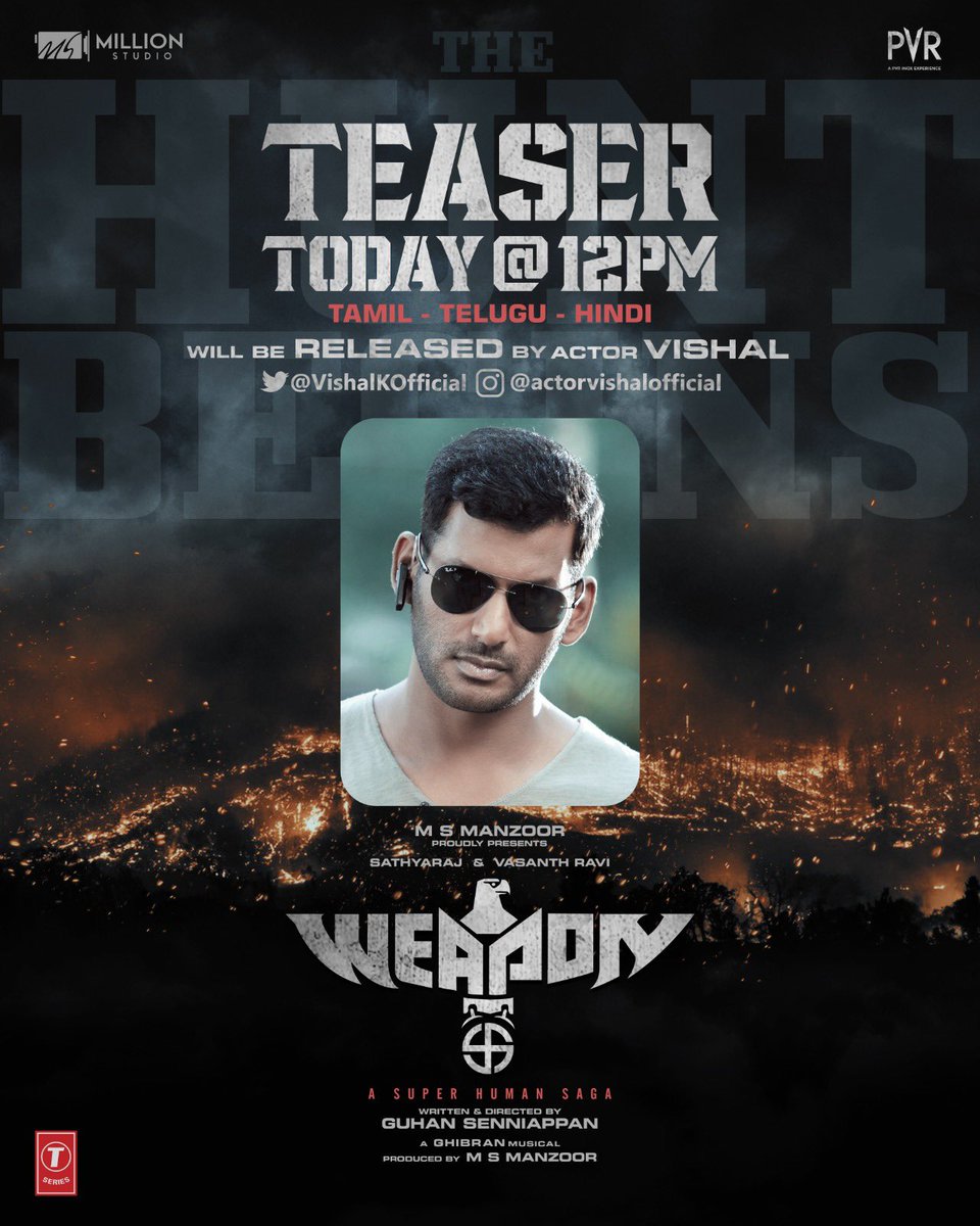 #weapon teaser to be launched by @VishalKOfficial and @NivinOfficial at 12pm . #weaponteaser #thesuperhumansaga #12pm