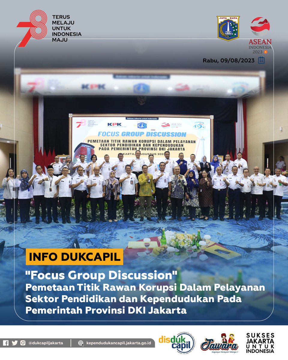 dukcapiljakarta's tweet image. Halo Warga Jakarta!👋🏼

Rabu, 9 Agustus 2023

Dinas Dukcapil DKI Jakarta menghadiri FGD pemetaan titik rawan korupsi dalam pelayanan sektor pendidikan dan kependudukan pemerintah Provinsi DKI Jakarta bersama dengan KPK RI di Dinas Pendidikan, Jakarta Selatan

#dukcapilinfo