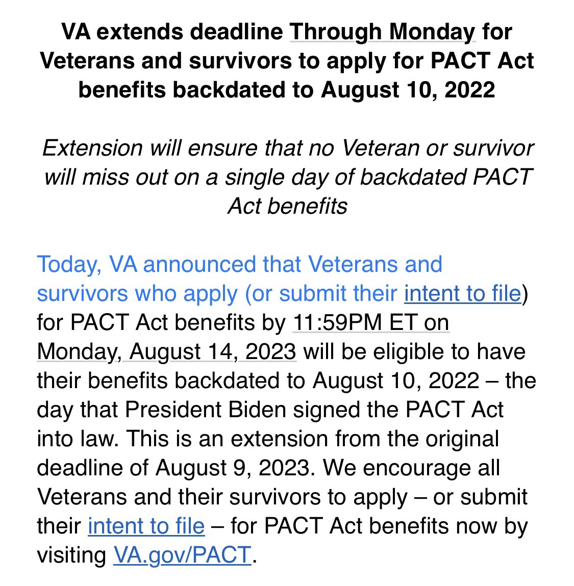 LeoShane's tweet image. Way too late breaking @DeptVetAffairs news — VA extends #PACTAct deadline to Aug 14 due to technical issues over the last few days.