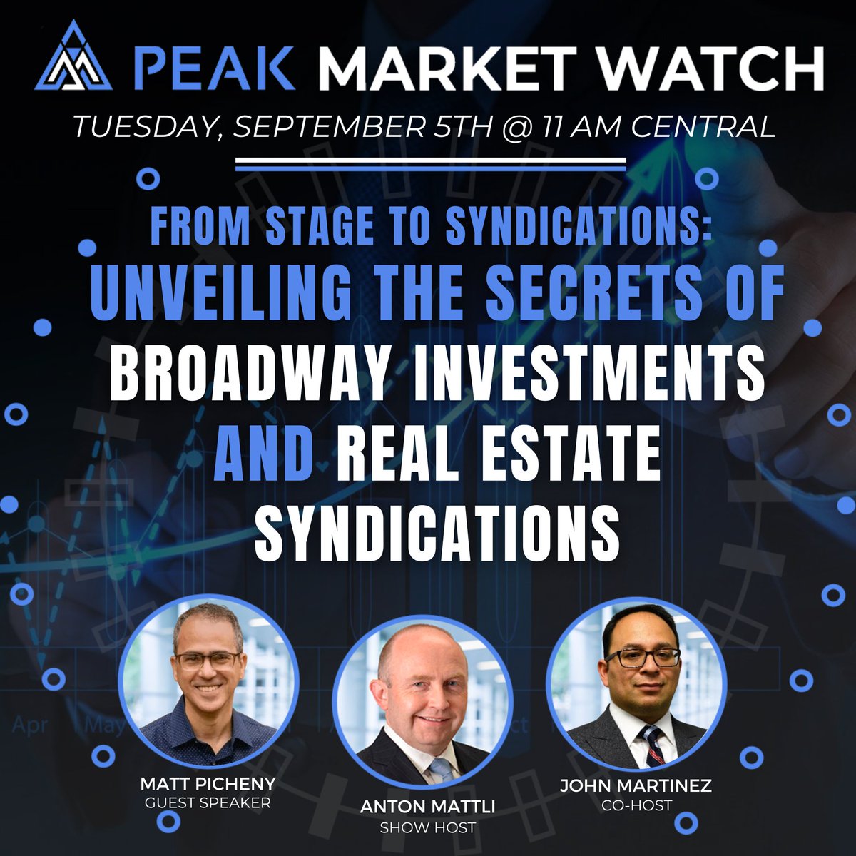 peak_financing's tweet photo. Matt Picheny joins Anton Mattli, and John Martinez in another of Peak Market Watch, as he explains the similarities and differences of how Broadway productions are structured and financed vs. real estate syndications.

Register here for updates: https://t.co/lzRPfIWziz https://t.co/mkZqfOZ2g2