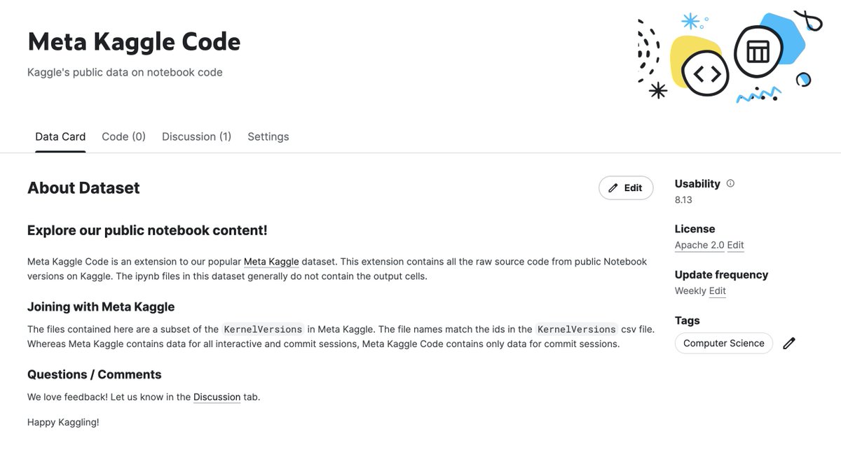 kaggle's tweet photo. 🚨 A new open dataset from the Kaggle Team is out! https://t.co/Z9H9ujlrzo

Meta Kaggle for Code is an open source dataset made up of ML code created &amp; publicly shared by Kaggle’s community over the past decade 🤯. More on why we released it, how to use it, &amp; licensing info 👇 https://t.co/UIufdehoAn