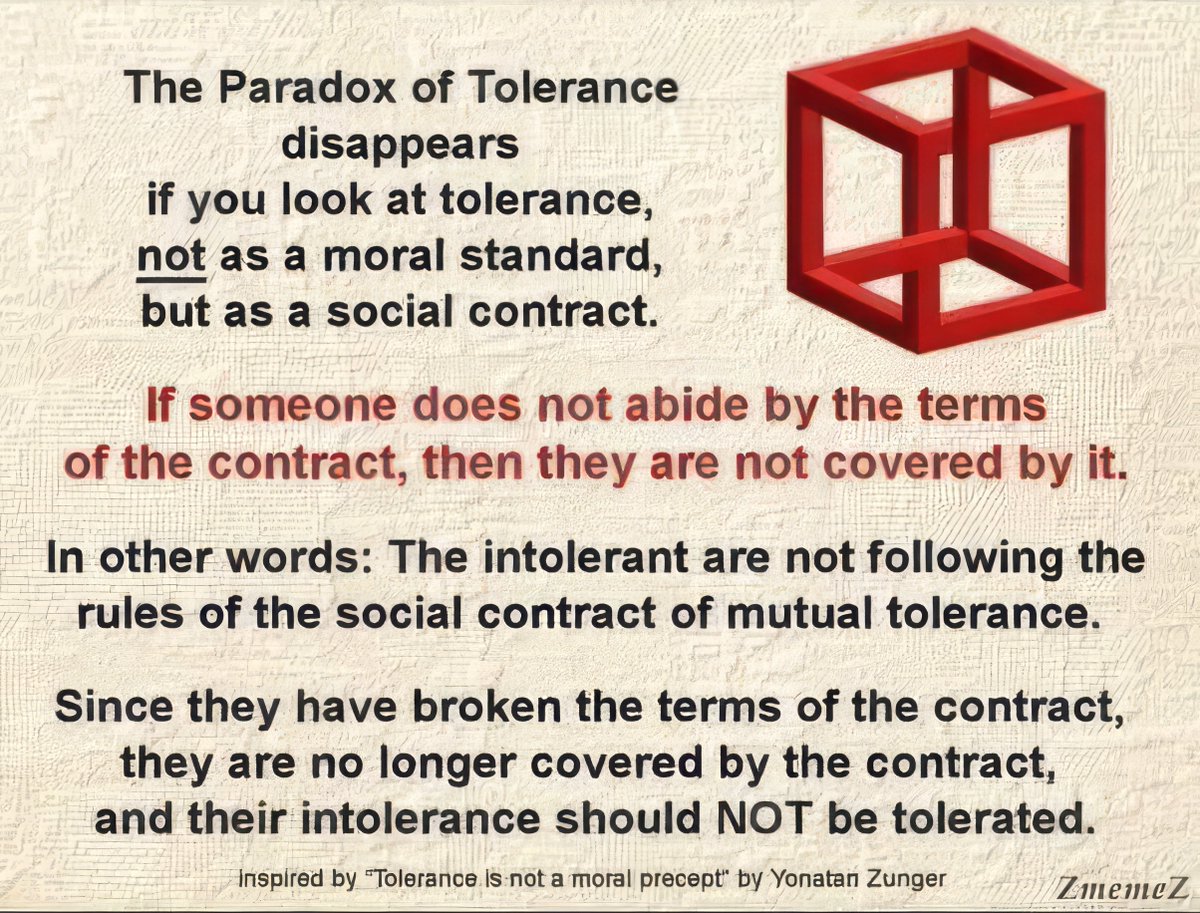 MikeOkuda's tweet photo. The Paradox of Tolerance disappears if you look at tolerance, NOT as a moral standard, but as a social contract. If someone does not abide by the terms of the contract, they are not covered by it. In other words, the intolerant aren't deserving of your tolerance. https://t.co/SX4mLZdTRz