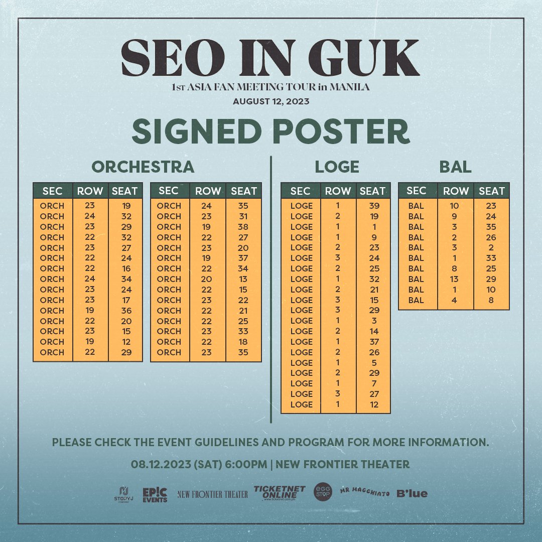 Congratulations! To all lucky winners of Signed Poster Raffle. Don’t miss the chance to check out  below. 

📌 Customer Service will open at 10 AM-4PM.
 📌 Wristtag claiming will be at 2nd Floor Lobby from 10AM-4PM only.
 📌 Please bring your ticket.

#SeoInGukinManila