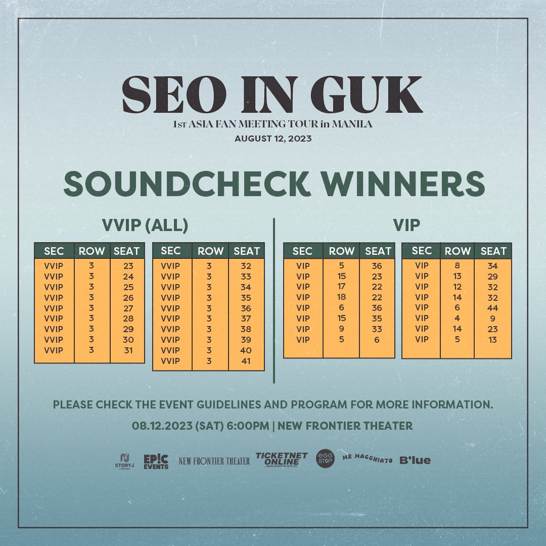 Congratulations! To all lucky winners of Soundcheck Raffle. Don’t miss the chance to check out the Benefit Guidelines

📌 Customer Service will open at 10 AM-4PM.
 📌 Wristtag claiming will be at 2nd Floor Lobby from 10AM-4PM only.
 📌 Please bring your ticket.

#SeoInGukinManila