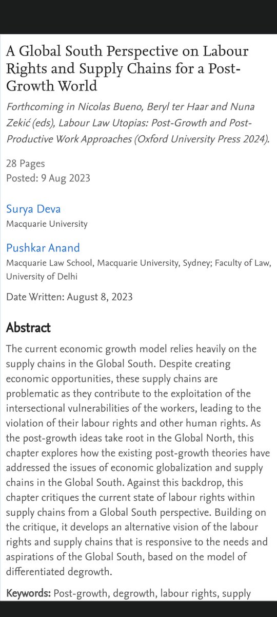 Chapter written w/@ProfSuryaDeva problematizing labour rights in supply chains in the global South, in #postgrowth context - a part of forthcoming book reflecting on labour laws from a post-growth perspective by @N_Bueno_Uni, @BerylterH, and @NunaZekic.  

papers.ssrn.com/sol3/papers.cf…