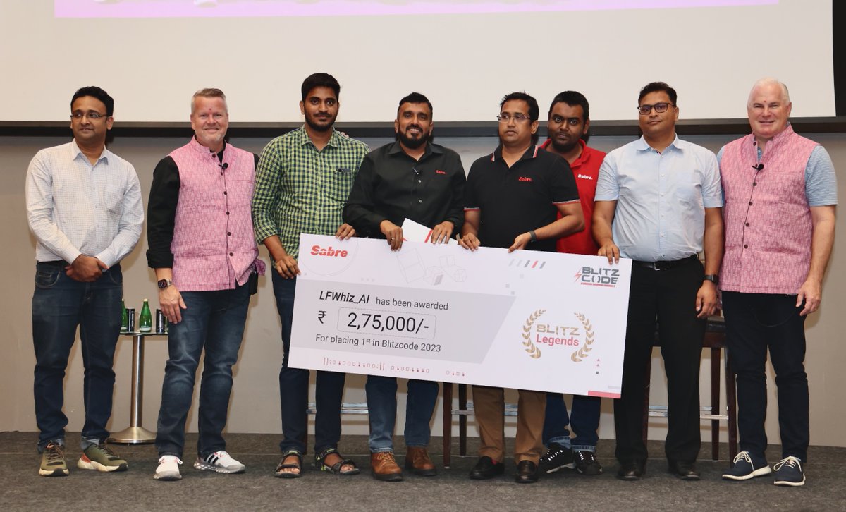 Sabre_India's tweet photo. The winners for Blitzcode 2023 were announced during the Sabre Bengaluru Q3 2023 Townhall. Congratulations to all the winners, and a big thank you to @GoogleCloud_IN, participants, mentors, judges, core team, & volunteers for their support.
#5YearsOfBlitzcode #Innovation #TWMTH https://t.co/2LQJBLsPzj
