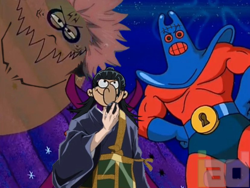 gentlemantoji's tweet photo. jjk bikini bottom au where gojo + geto are mermaid man and barnacle boy (strongest man and curse boy), geto turns evil renames himself curse man and joins dirty fraud (sukuna) and brain ray (kenjaku) — instead of non sorcerers he hates anchovies https://t.co/IfE0CzA2mt