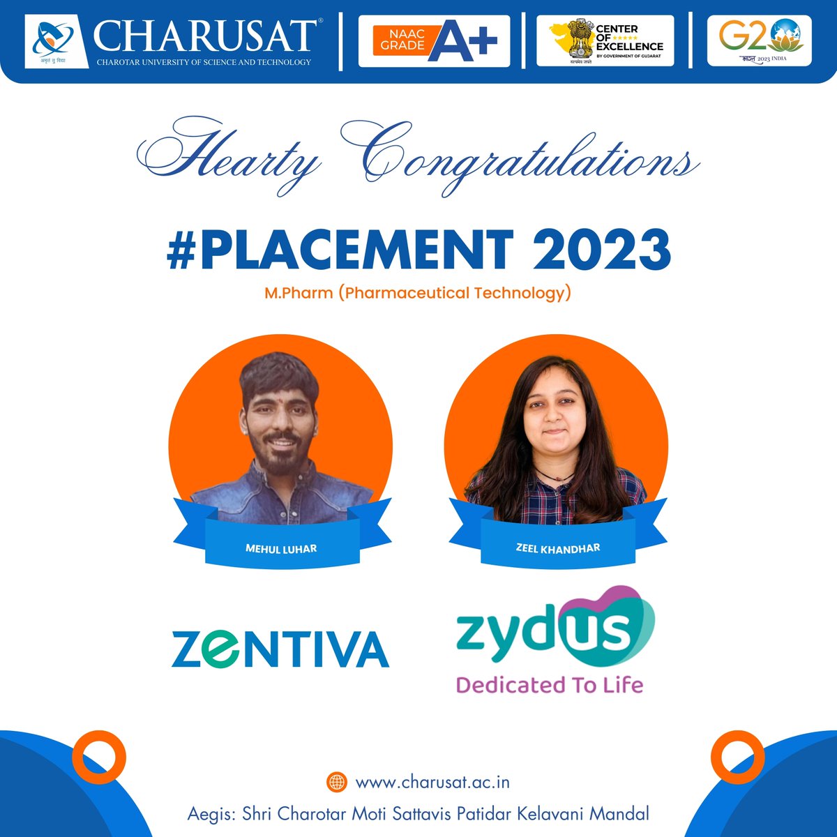 RpcpCharusat's tweet photo. CHARUSAT extends its heartfelt congratulations to these students of M.Pharm (Pharmaceutical Technology) for successfully securing their desired placements this year.
#opportunityknocks #placement #charusat #RPCP #job #career #university #bestuniversity #BestPharmacyCollege https://t.co/Lc4R5YUT0W