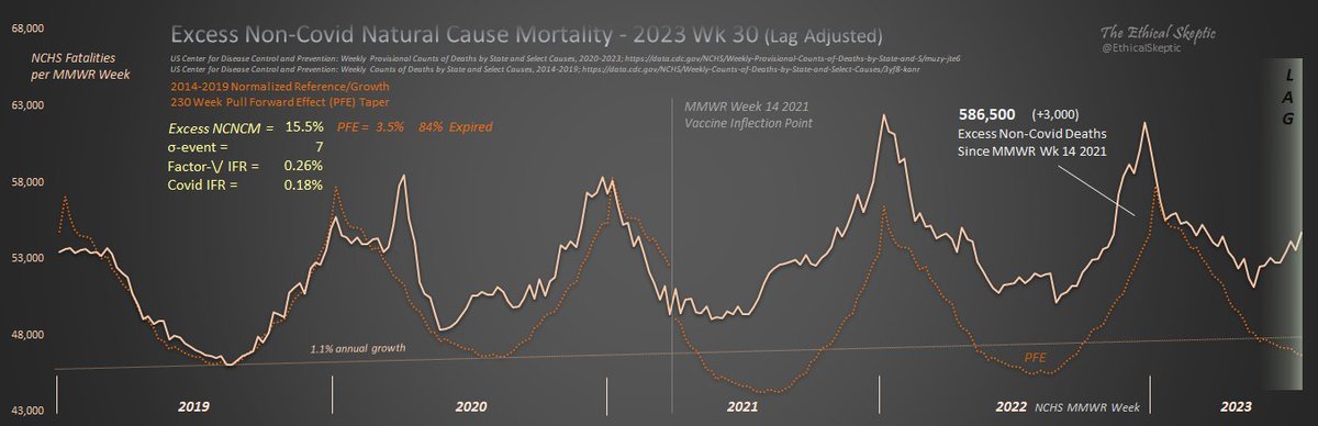 EthicalSkeptic's tweet photo. 586,500 excess deaths in the US - ongoing

...3,000 this last week
...avg age of 49 yrs old
...heavy cancer, heart, kidney, circulatory signals
...large increase in minor ICD code deaths
...yet we refuse to even mention the cause, much less research it.

Let that sink in https://t.co/dAOsygwxB8
