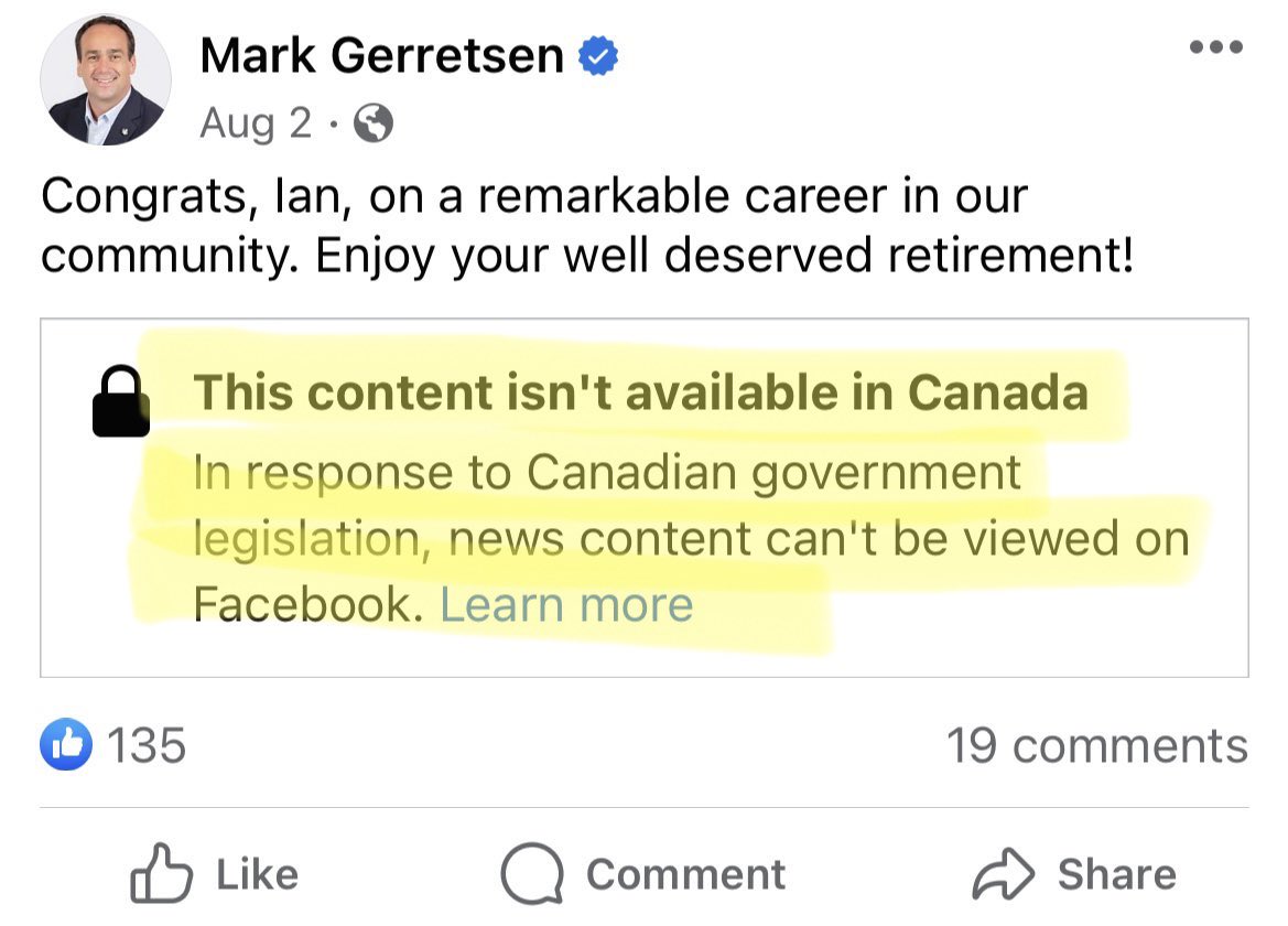 پست فیسبوک @MarkGerretsen نماینده حزب لیبرال در پارلمان کانادا در مورد #BillC18