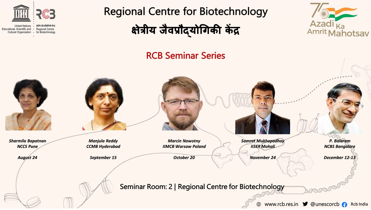 We are excited to host distinguished scientists, Dr. Sharmila Bapat, Dr. Manjula Reddy, Dr. Marcin Nowotny, Dr. Samrat Mukhopadhyay, and Prof. P. Balaram at @unescorcb this semester!