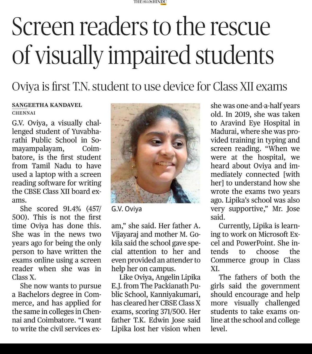 AshishThatte's tweet photo. Such an inspiring story GV Oviya! She just cleared foundation exam. She is special because she has no vision in her eyes. Salute to this young lady and best wishes for future. @PMOIndia @nsitharaman @DrBhagwatKarad @ICAICMA @CMAPappan. Thanks TCA Prasad Sir for giving info https://t.co/kFKIrqUmgd
