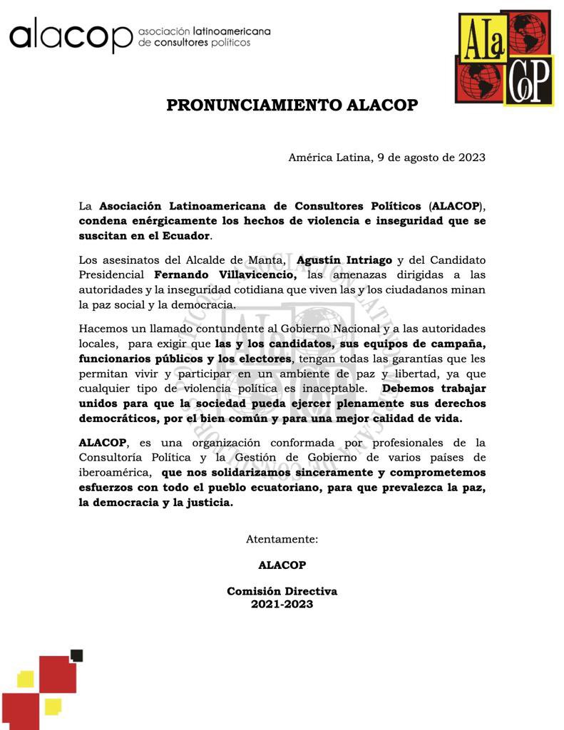Alacop se pronuncia de manera contundente ante los lamentables hechos de violencia política e inseguridad que se viven recientemente en Ecuador. 

#EcuadorSinViolencia 
#PazYDemocraciaEcuador
#AlacopConEcuador.