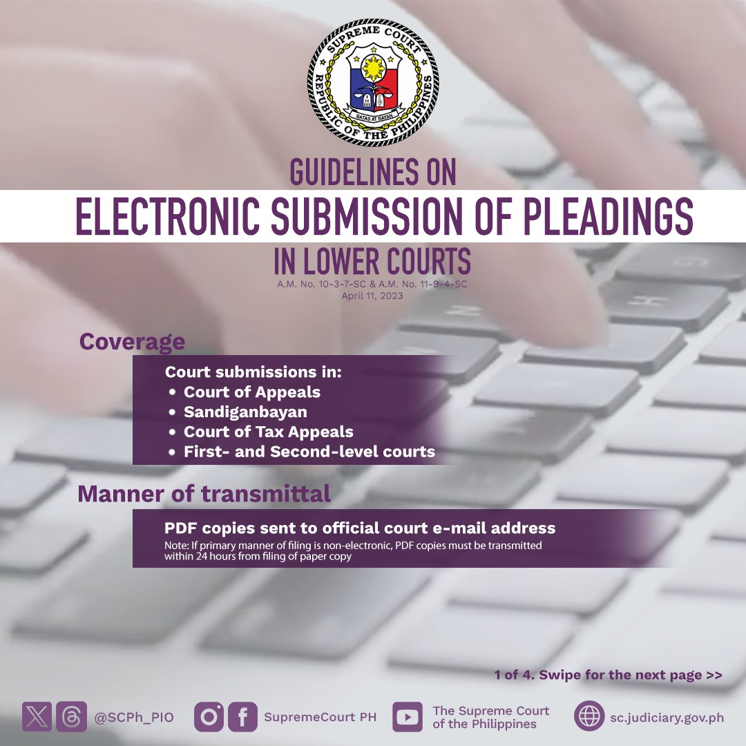 SCPh_PIO's tweet photo. The Supreme Court has approved the guidelines on electronic submission of pleadings in lower courts.

READ: https://t.co/ypmdkkAXsP https://t.co/D8PVNCBlf2