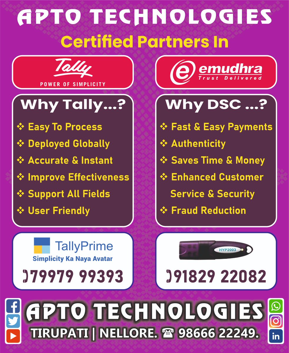 We Are Providing #tallysoftware & #emudhra Digital Signature Certificate For You All
Follow | Like | Comment | Share