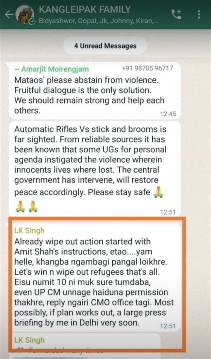 BeingChikim's tweet photo. Home Minister @AmitShah in parliament states Manipur CM @NBirenSingh is working as per His suggestion, Meitei WhatsApp group chat claims the ethnic Cleansing of Kuki-Zo tribals are dowe as per @AmitShah instructions. The other msg also claims the violence started by Meitei UGs https://t.co/nKbqYjNvVn