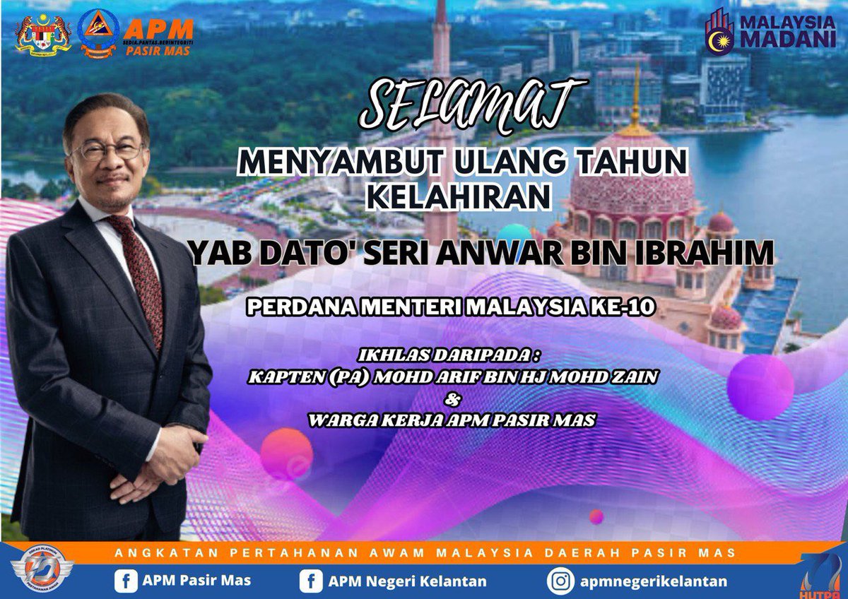 apm_pasir's tweet photo. #KEPIMPINAN

Kapten (PA) Mohd Arif Bin Hj Mohd Zain Pegawai Pertahanan Awam Malaysia,
dan Warga Kerja Apm Daerah Pasir Mas , mengucapkan Selamat menyambut Ulang Tahun Kelahiran YAB Dato’ Seri Anwar Ibrahim Perdana Menteri. https://t.co/48oPQaAwfj