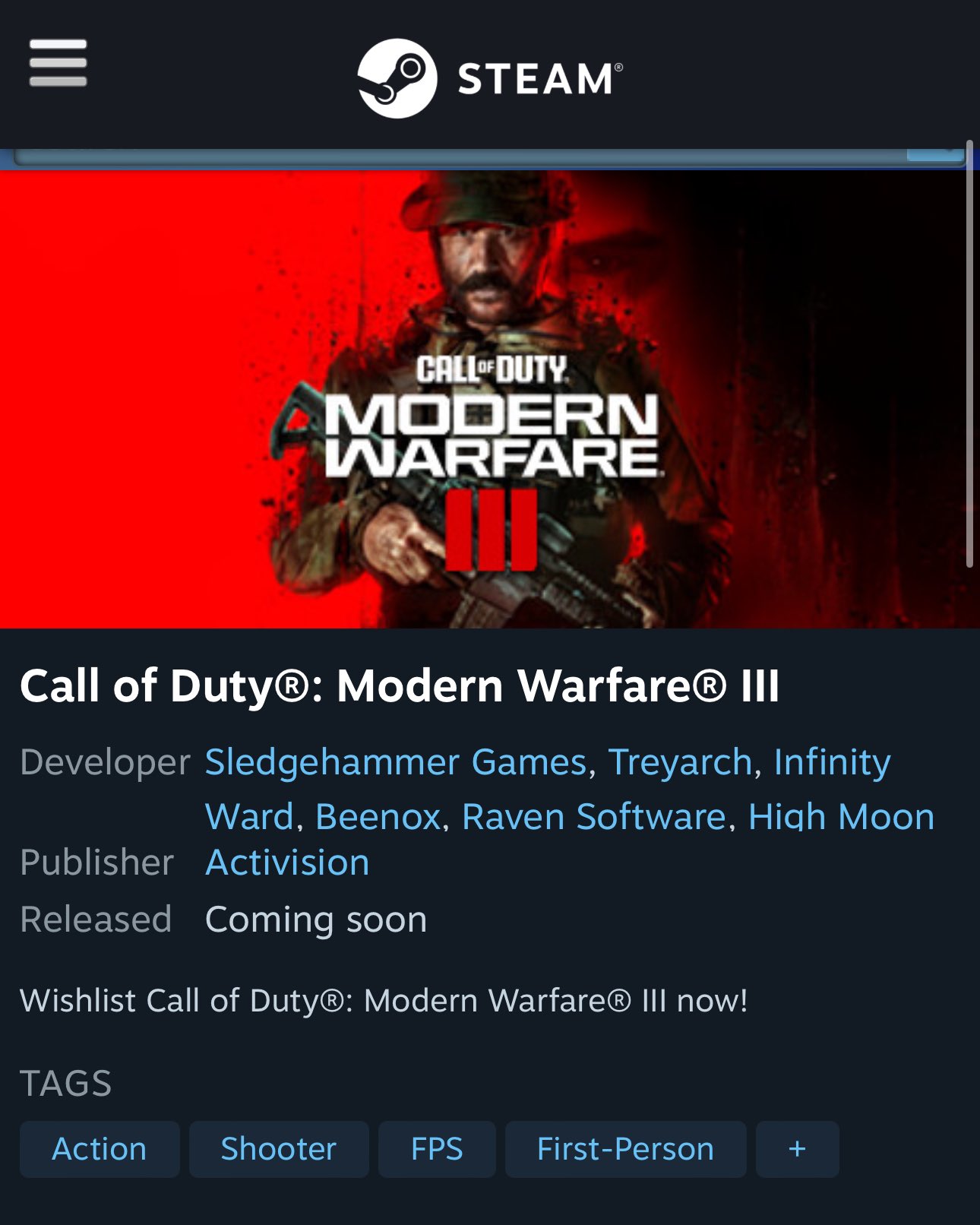 steam: Modern Warfare 3 store page is now live on Steam