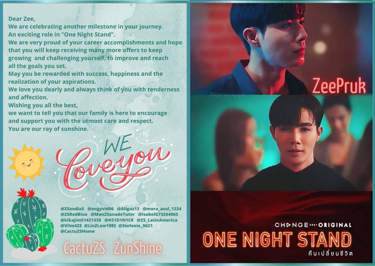 Dear Zee, We are celebrating another milestone in your journey. An exciting role in "One Night Stand". We are very proud of your career accomplishments <a href="/zee_pruk/">Z</a> 💙✌️
#ZeePruk #ZunShine 
#บวงสรวงOneNightStandxซีพฤกษ์
#OneNightStandคืนเปลี่ยนชีวิต
#CHANGE2561 
#CactuZS