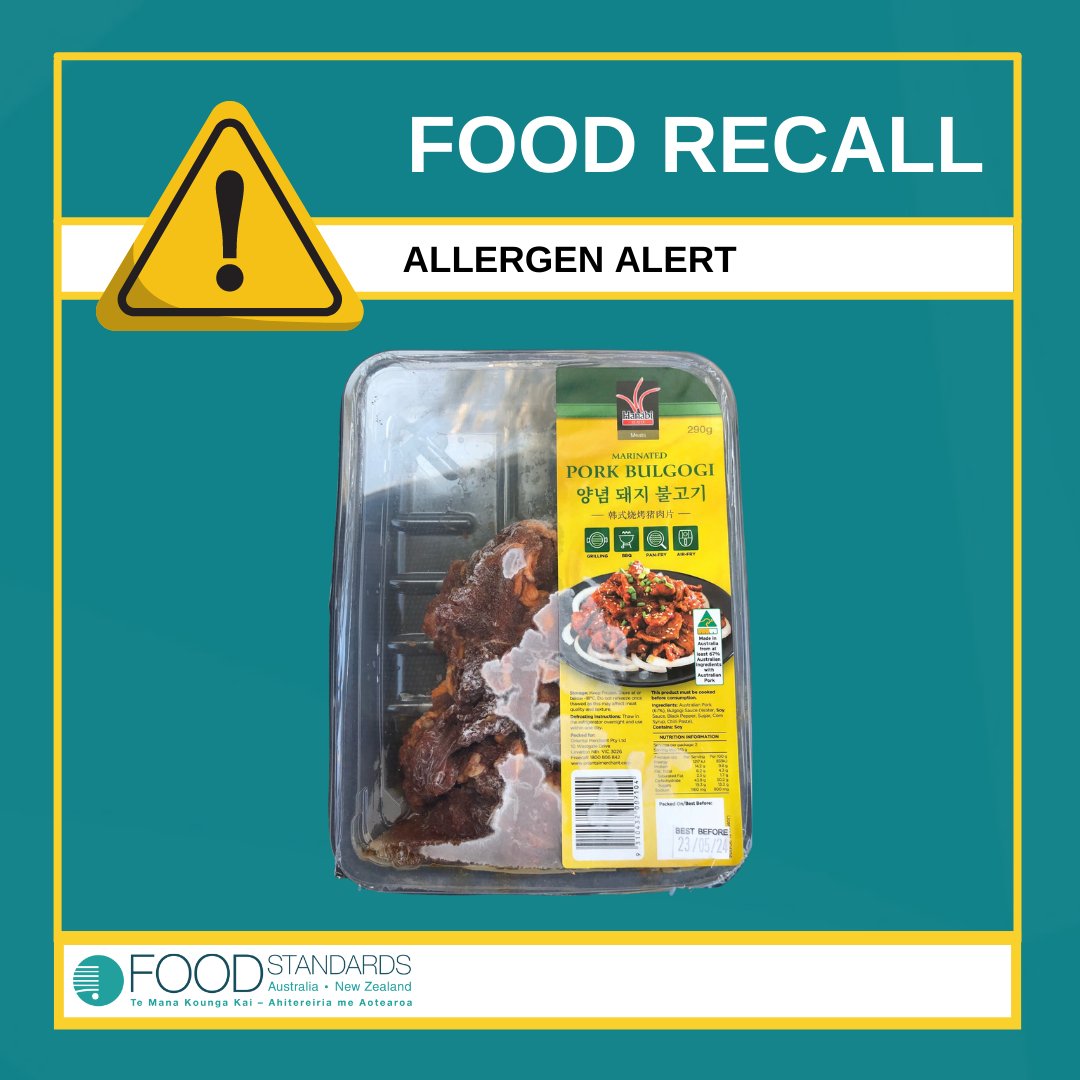 FOOD RECALL: Hanabi Marinated Pork Bulgogi (290g), BB 23/05/24 &amp; 06/06/24, is being recalled due to the presence of an undeclared allergen (wheat/gluten).
More info: foodstandards.gov.au/industry/foodr…