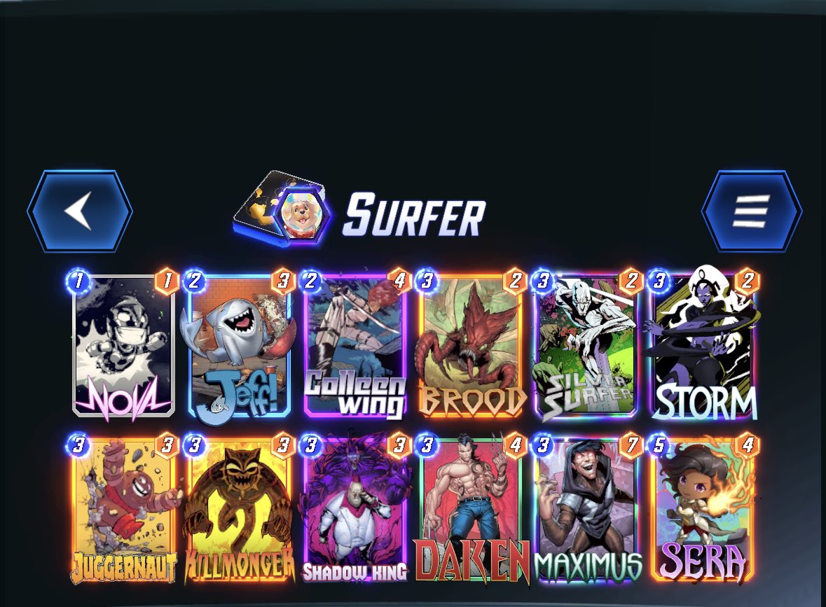 bradmiro's tweet photo. Quick infinite, used this from the mid 80s and lost only a handful of games. Brood, Daken and Maximus push this deck to put out a lot more power than traditional Surfer builds. Colleen was good but not great. No one ever expects Shadow King 😂

@MarvelSnapZone https://t.co/FRugcV0LDU