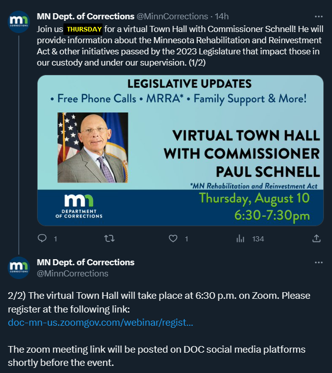 CrimeWatchMpls's tweet image. Don&apos;t let the whackadoos be the only voices heard.
Weigh in at this virtual townhall on newly passed legislation that will reduce sentences for some offenders to just HALF, which is even lower than current magical #MNmath of two-thirds.
This is NOT conducive to public safety.…