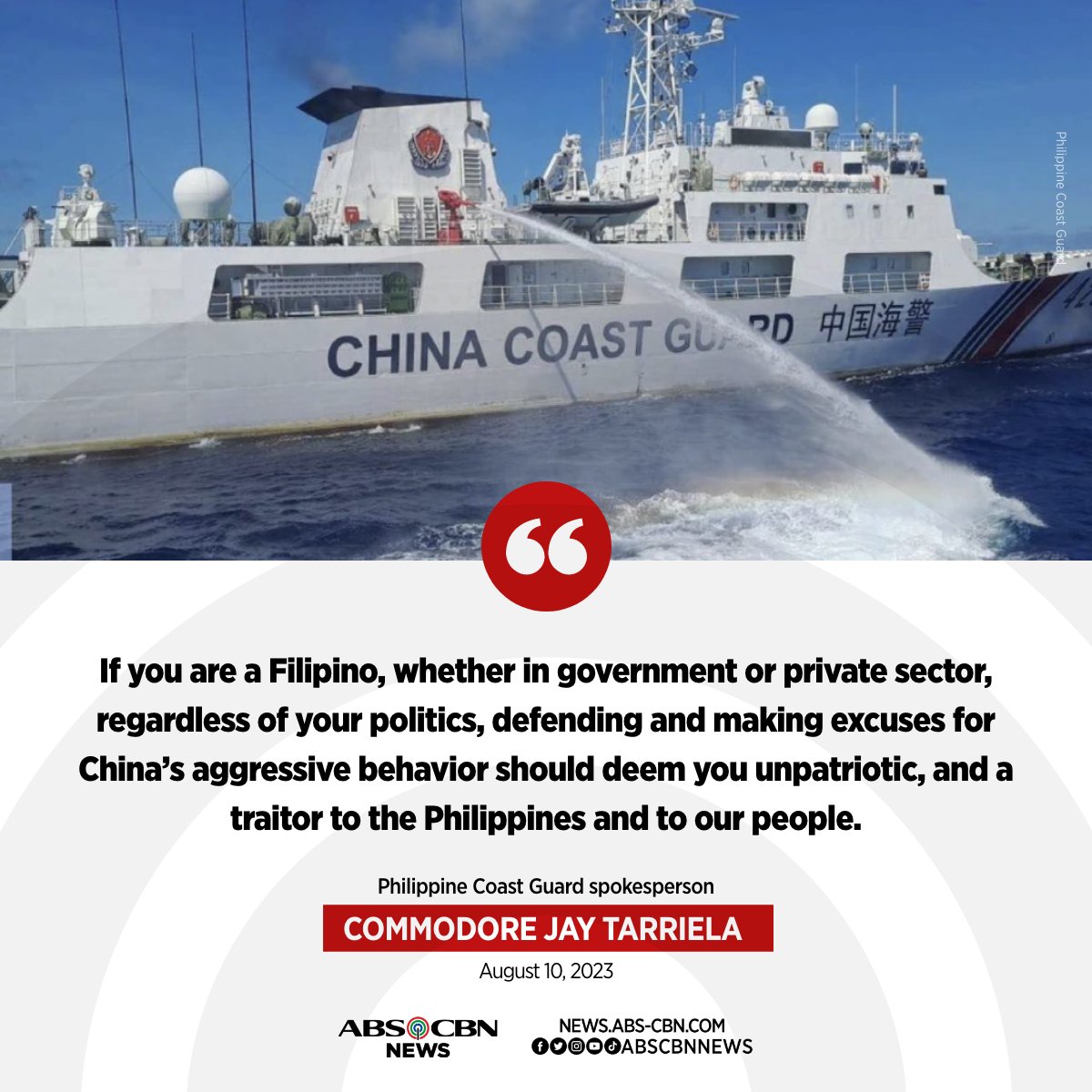 ABSCBNNews's tweet photo. Itinuturing ni PCG chief Commodore Jay Tarriela na HINDI MAKABAYAN at TRAYDOR ang mga Pilipinong dedepensa sa ipinapakitang aggression ng China sa West Philippine Sea.

BASAHIN: https://t.co/PrGOxyX3Lq https://t.co/ULvzWtOatA