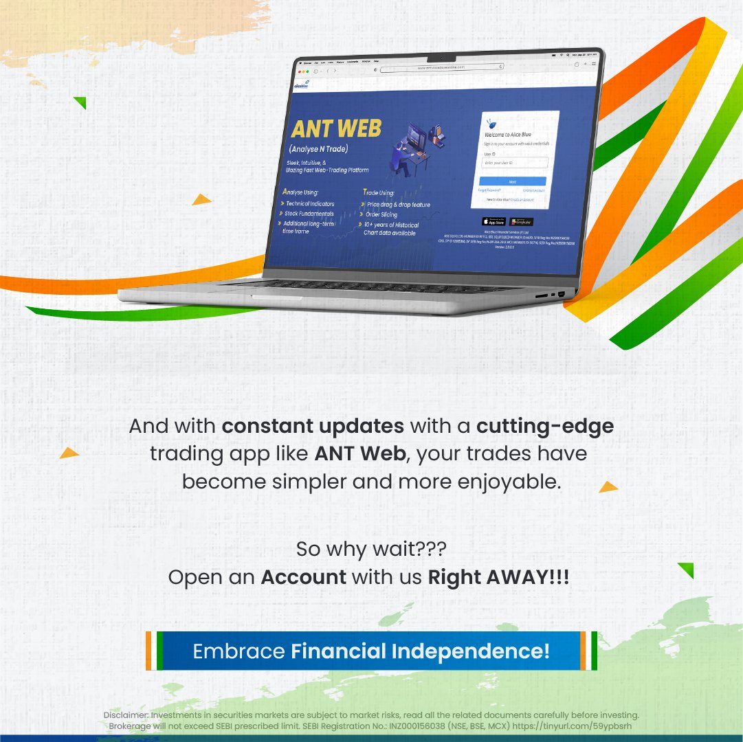 aliceblue_india's tweet photo. Trade fearlessly and break barriers with #AliceBlue’s #Freedom15 #brokerageplan!
Start your #trading journey by clicking https://t.co/0nA07O321q
Disclaimer- https://t.co/OPoiwLb9jN
#independenceweek #azadi #independent15 #indiaindependence #stocktrader #stockmarket #brokerage https://t.co/Ng0rWpCQiw