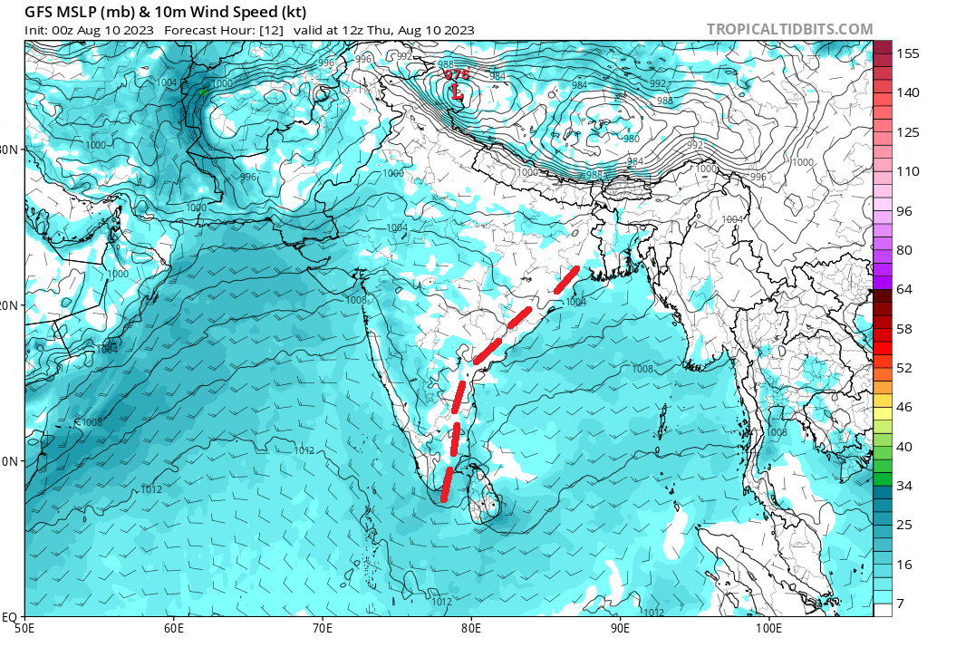 Selwyyyyn's tweet photo. Typical Break Monsoon feature-Shallow Thermal Trough seen lingering along East coast have led to Heavy-VH rainfall over many places of TN especially Delta region. Same scenario very likely to prevail for 3days so TS rains likely over NTN,West TN &Delta (Hotspot) #Monsoon2023 #TN https://t.co/KlfyKa4qQe