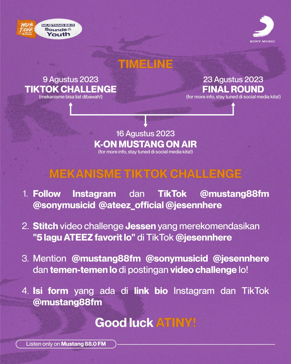 MSTG88FM's tweet photo. CALLING TO ALL ATINY INDONESIA!📢

Siapa yang mau diterbangin ke Filipina buat nonton Konser ATEEZ @ATEEZofficial bareng @jesennhere? Atau dapetin Lightstick ATEEZ?! Lo tinggal ikutin syarat di foto!⬇️

#KOnMustang #OMG #OMGATEEZEdition #ATEEZ  #ATINY https://t.co/Phvpu9RhnW