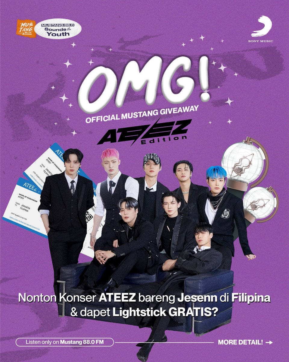 MSTG88FM's tweet photo. CALLING TO ALL ATINY INDONESIA!📢

Siapa yang mau diterbangin ke Filipina buat nonton Konser ATEEZ @ATEEZofficial bareng @jesennhere? Atau dapetin Lightstick ATEEZ?! Lo tinggal ikutin syarat di foto!⬇️

#KOnMustang #OMG #OMGATEEZEdition #ATEEZ  #ATINY https://t.co/Phvpu9RhnW