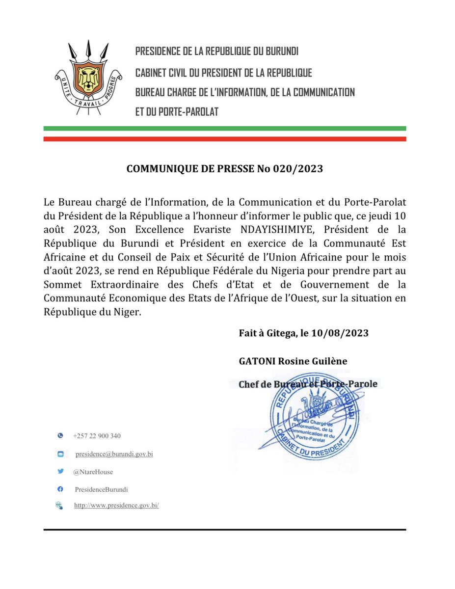 #Burundi Communiqué de presse relatif au voyage du Président de la République S.E <a href="/GeneralNeva/">SE Evariste Ndayishimiye</a> en République Fédérale du Nigeria.