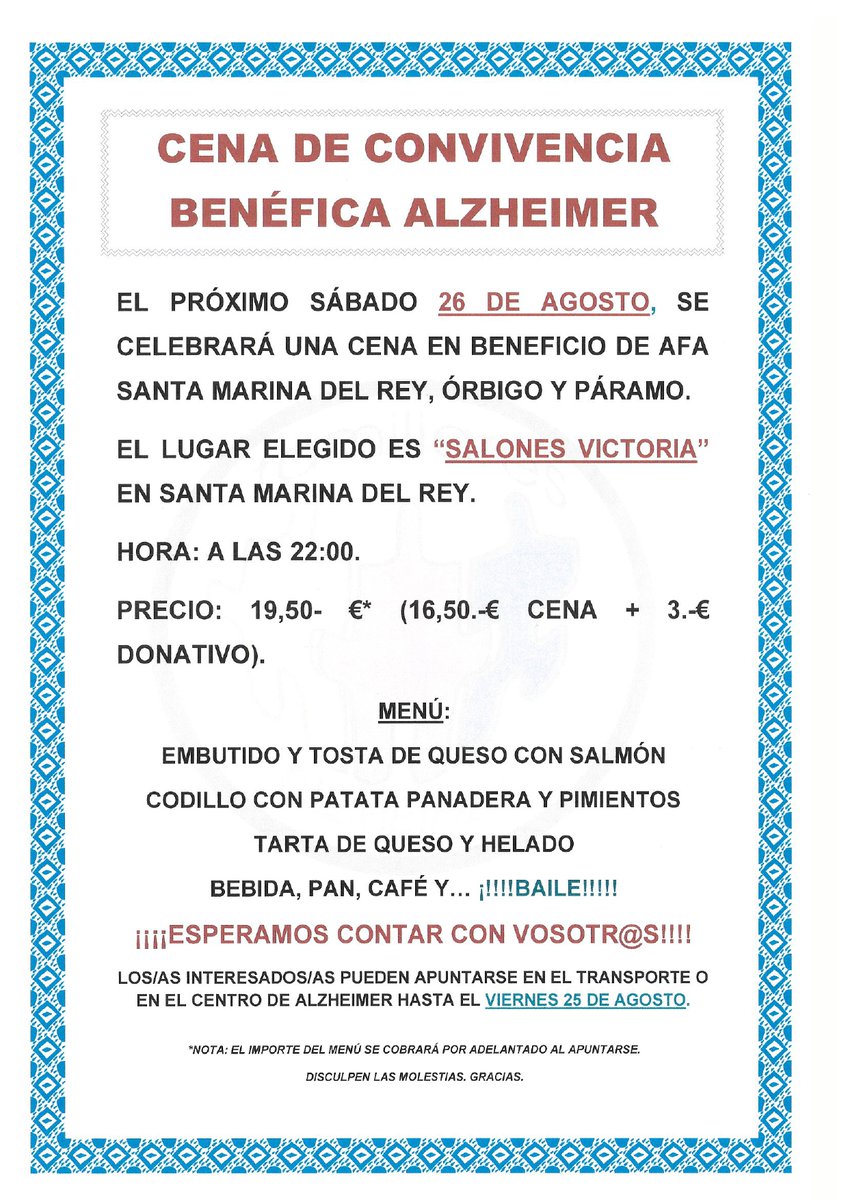 AFASantaMarina's tweet photo. CENA BENÉFICA EN FAVOR DE AFA SANTA MARINA DEL REY, ÓRBIGO Y PÁRAMO
26 de agosto a las 22:00 horas en Salones Victoria de Santa Marina.
Apúntate en la sede de la Asociación y en las furgonetas de transporte.
Y después de la cena habrá baile!! TE LO VAS A PERDER?? https://t.co/iYifkGaIa2