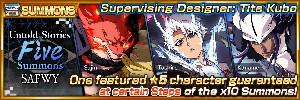 bleachbrs_en's tweet photo. The Untold Stories: Five Summons is here! Your chance for ★5 Toshiro, Kaname, and Sajin! https://t.co/RlGbyeJNBG #BraveSouls https://t.co/PaAHj4UqRQ