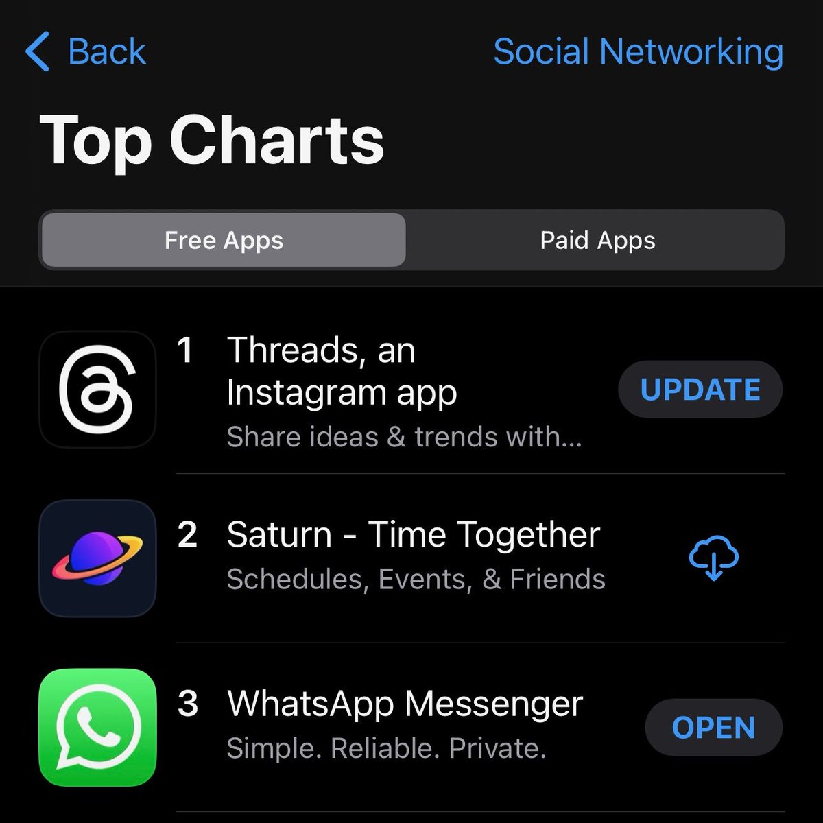 Congrats to <a href="/joinsaturn/">Saturn</a> for making it to the #2 spot in the App Store for social networking — ahead of Whatsapp, Instagram, Facebook, Snapchat, and Tiktok!

Saturn is a new social app for connecting high school students in the real world. It helps gets children off their screens