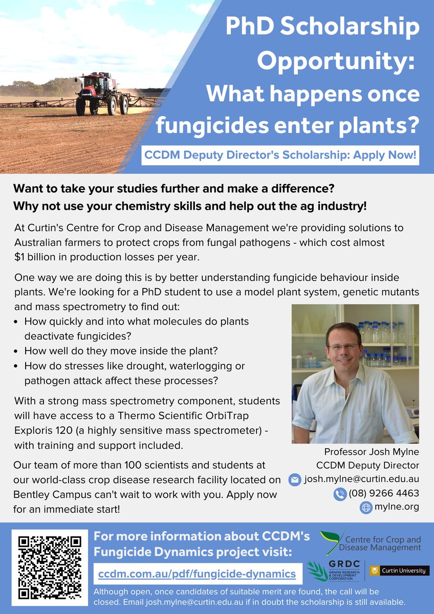 PhD scholarship available to study what happens to fungicides once they enter plants? Use your chemistry skills and help out the ag industry! #MassSpec #FungicideDynamics #PhD ccdm.com.au/pdf/fungicide-… mylne.org