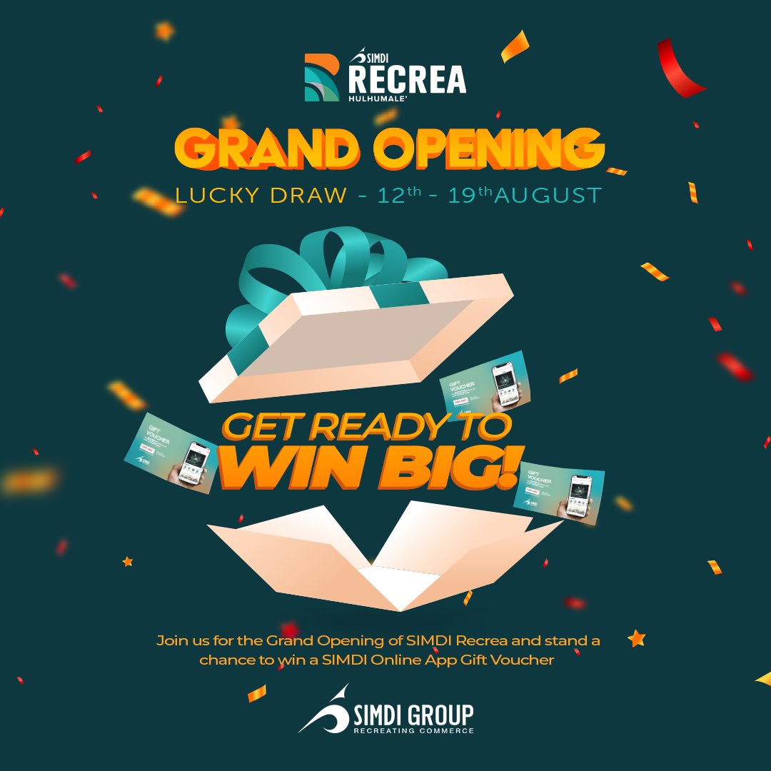 SIMDIgroup's tweet photo. Grand Opening of "SIMDI Recrea" on this Saturday!
Join us in unveiling the first ever one-stop shopping experience by SIMDI.
Venue: SIMDI Recrea, Hulhumale (near Haithari Mart)
Grand Opening time: 12 August, 20:30hrs
See you there!
#SIMDI #SIMDIRecrea https://t.co/4THsknIhZ1