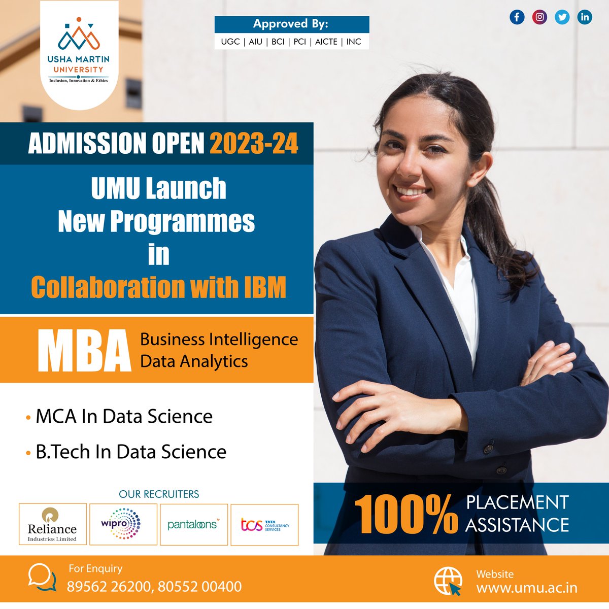 UshaMartinUnv's tweet image. UMU launch New Programmes in Collaboration with IBM. Admission Open 2023-24. Hurry Up! 
Apply Now: tinyurl.com/bdfxp7tr
📷 +91 8956 226 200
📷 admission@umu.ac.in 
#admisisonopen2023 #mcaindatascience  #umujharkhand #collaborationwithibm #businessintelligence #dataanalytics
