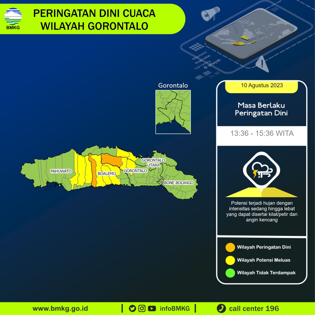 infoBMKG's tweet photo. Update Peringatan Dini Cuaca Wilayah - Gorontalo Tgl. 10 Agustus 2023 pkl. 13:36 WITA
Prakirawan - BMKG - Gorontalo 
https://t.co/8wSKmyKGQL https://t.co/6DvNFdoDFd