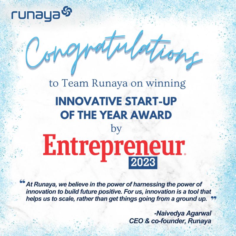 RunayaOfficial's tweet photo. Congratulations to our team on bagging the Innovative Startup of the Year Award by @Entrepreneur India.
Our pursuit & dedication to pushing boundaries, embracing innovation & making a tangible impact set us apart. Here's to our unwavering commitment to #BuildFuturePositive. https://t.co/Fx1cG5NIb6