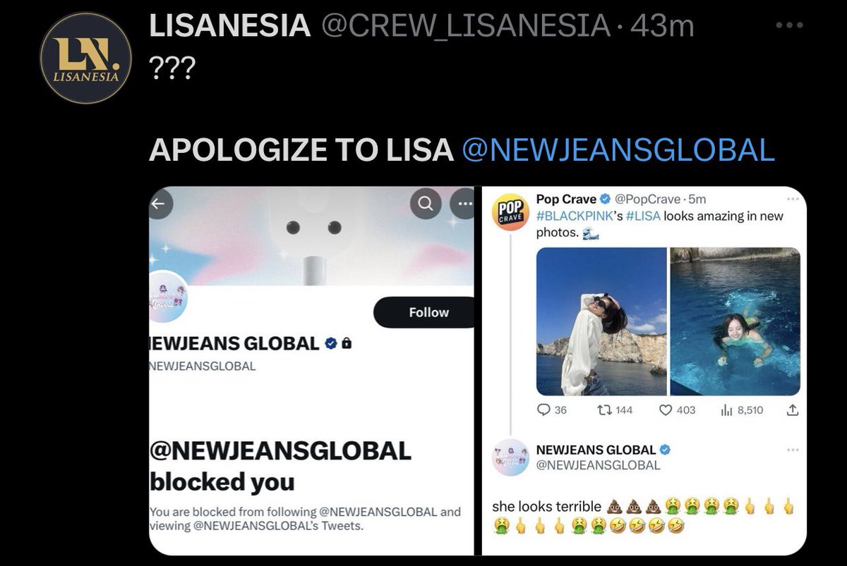 honorslisa's tweet photo. THAT FANBASE HAS BLOCKED ALL THE LISA FANBASES 😭 HOW UNPROFESSIONAL 

APOLOGISE TO LISA @NEWJEANSGLOBAL https://t.co/E96gHNboLP