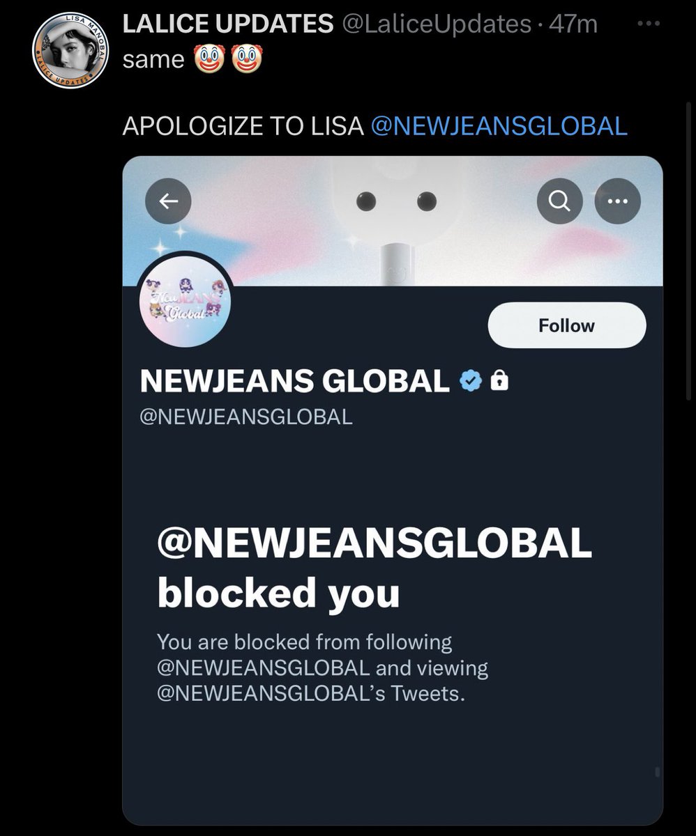 honorslisa's tweet photo. THAT FANBASE HAS BLOCKED ALL THE LISA FANBASES 😭 HOW UNPROFESSIONAL 

APOLOGISE TO LISA @NEWJEANSGLOBAL https://t.co/E96gHNboLP