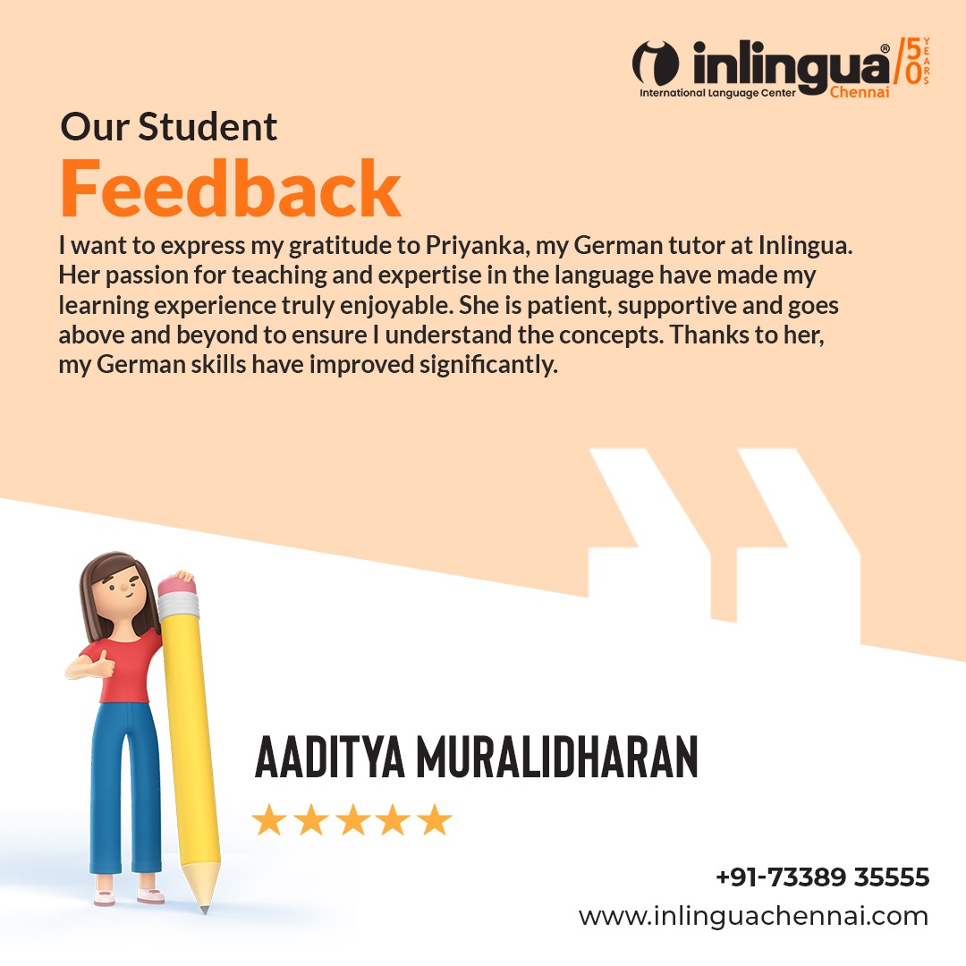 InlinguaChennai's tweet photo. This student of ours is grateful to one of our tutors of German for her passion and expertise which helped the student improve their German skillsπ!
#languages #feedback #languagelearning #linguistics #learngermanonline #feedback #germanlanguage #studentsfeedback https://t.co/RvfElCCP5Z