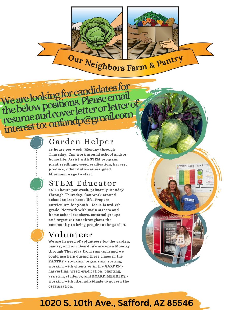 our_pantry's tweet photo. Looking for a Garden Helper, STEM Educator, & volunteers for the Garden, Pantry, and the ONFP Board. Interviews are happening now, please check your email if you have applied. Please let us know if youโre interested and share out. #Safford #grahamcounty #gilavalley #jobopening https://t.co/TU1VCDvdtR