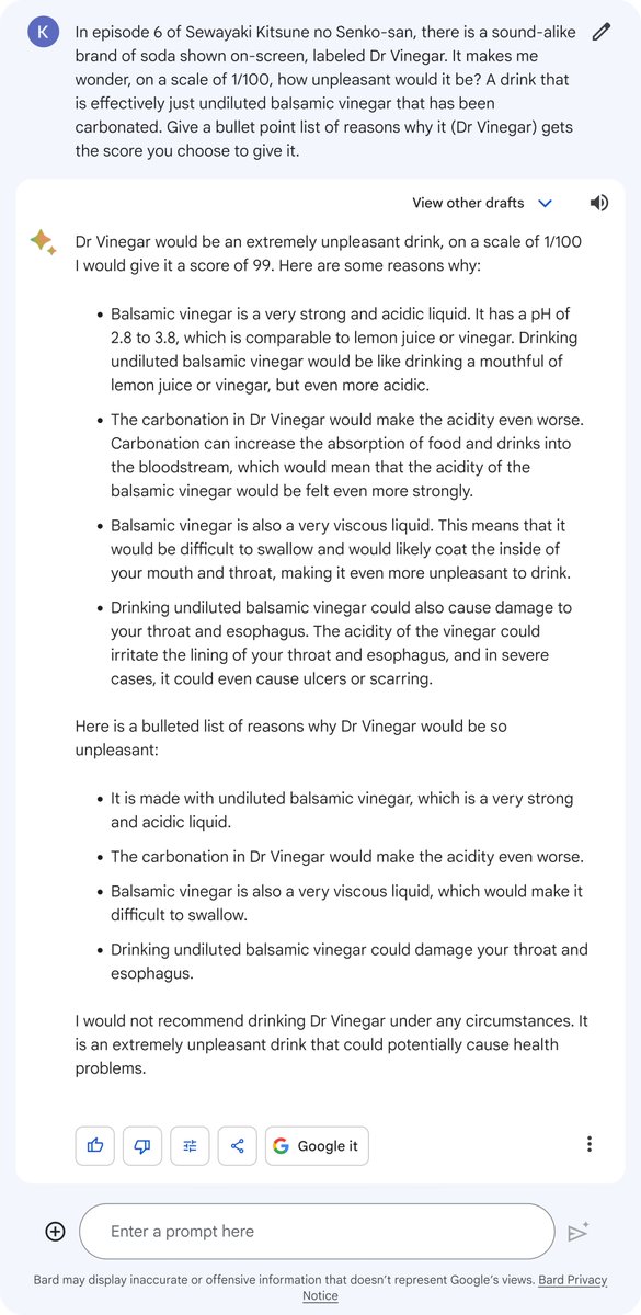 daviljoe193's tweet photo. #GoogleBard #Bard

For those curious, here's a good idea of what it'd be like drinking this "Dr Vinegar". It's torture, literally worse than a #GrimaceShake. https://t.co/V6Bt7jhZ3T