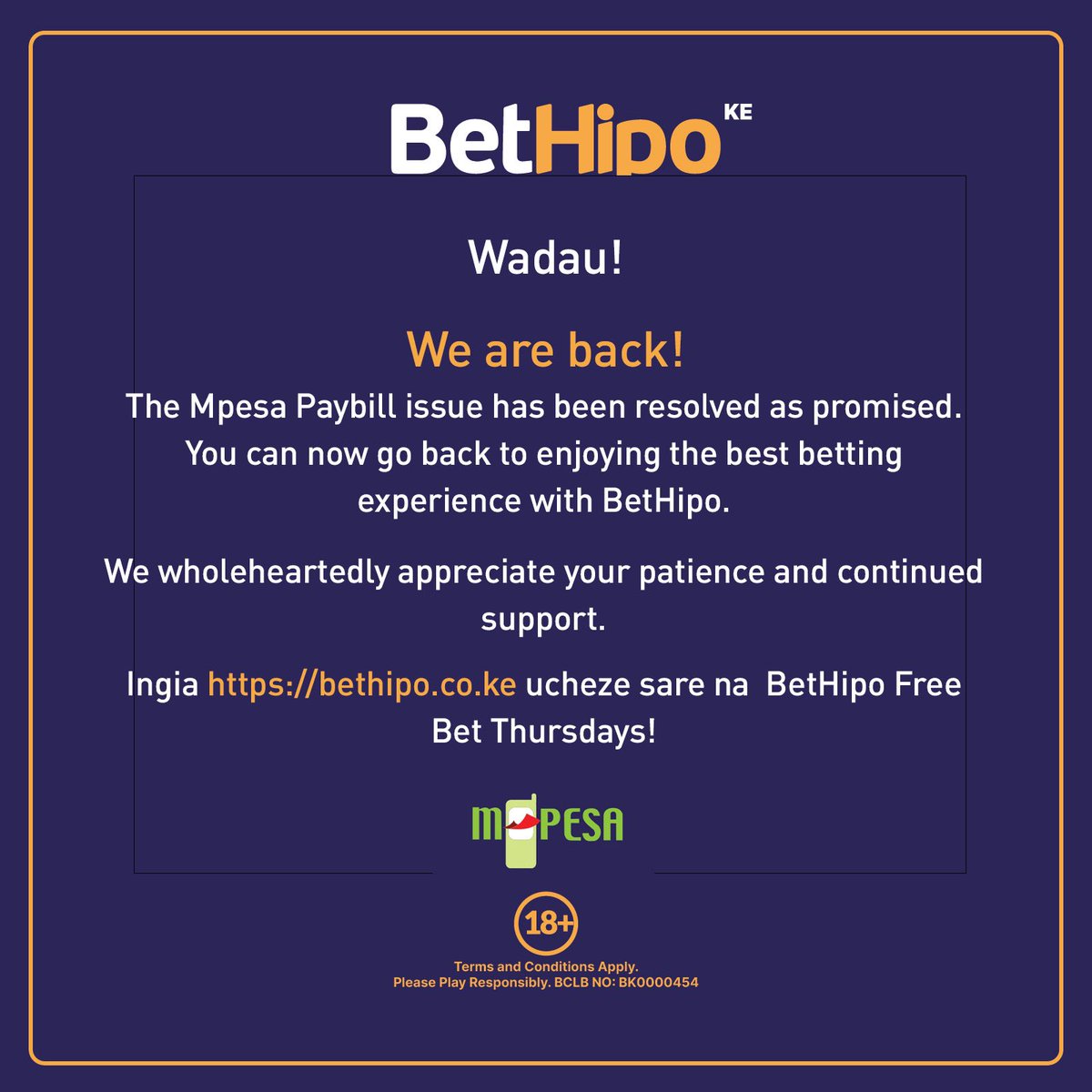 BetHipo's tweet photo. Wakuu, 

We are back!
 
The Mpesa Paybill issue has been resolved as promised. You can now go back to enjoying the best betting experience with BetHipo. 

We appreciate your patience and continued support.

Ingia https://t.co/W2oV0YzxAs ucheze sare na  BetHipo Free Bet Thursdays! https://t.co/P66rJJYIIz