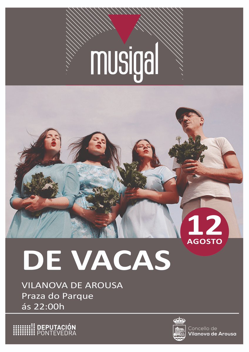 Deputación Pontevedra (@depo_es) on Twitter photo 🎶 <a href="/devacasDV/">DE VACAS</a> leva o seu espectáculo ao <a href="/conce_vilanova/">Concello de Vilanova</a> ao abeiro do programa provincial #Musigal
📍 A praza do Castro acollerá a actuación este sábado 12 de agosto ás 22:00 horas dentro da programación da 29ª Festa do Mexillón e do Berberecho de Vilanova 🎶 <a href="/devacasDV/">DE VACAS</a> leva o seu espectáculo ao <a href="/conce_vilanova/">Concello de Vilanova</a> ao abeiro do programa provincial #Musigal
📍 A praza do Castro acollerá a actuación este sábado 12 de agosto ás 22:00 horas dentro da programación da 29ª Festa do Mexillón e do Berberecho de Vilanova
