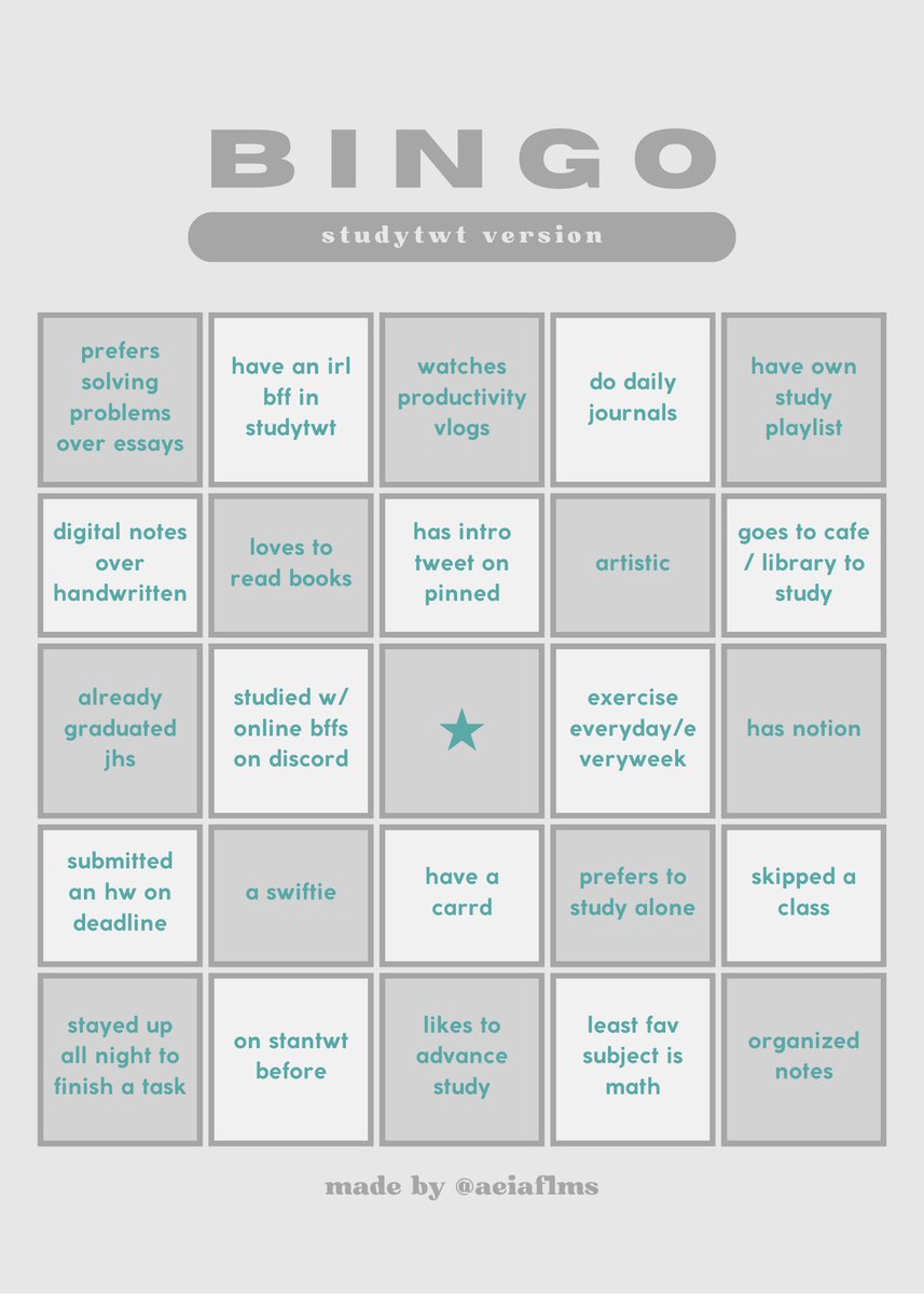 aeiaflms's tweet image. … BINGO .ᐟ
#studytwt version ˎˊ˗

feel free to qrt with your results ☻

𓍼 #studytwtph #archivetwt