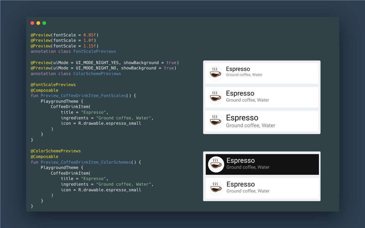 Alex_Zhukovich's tweet photo. Jetpack Compose Tip:

Did you know that you can combine multiple preview annotations and use a single annotation to generate multiple previews?

#JetpackCompose #AndroidDev https://t.co/X04RQY37Rh